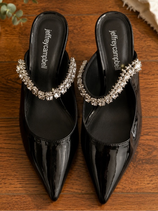 Jeffrey Campbell Shoes - Jeffrey Campbell Black Patent Pointed Toe Mules with Crystal Strap